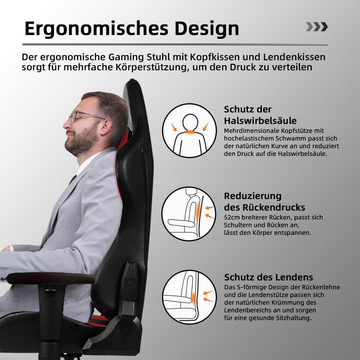 Gaming Stuhl mit Wippfunktion und verstellbaren Kissen