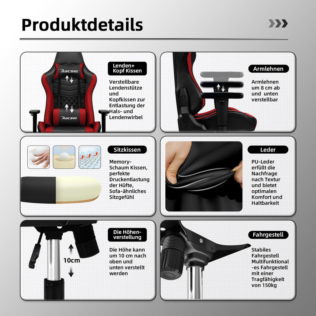 Gaming Chair Bürostuhl 170° Wippfunktion 150 kg belastbar Lenden- & Kopfkissen