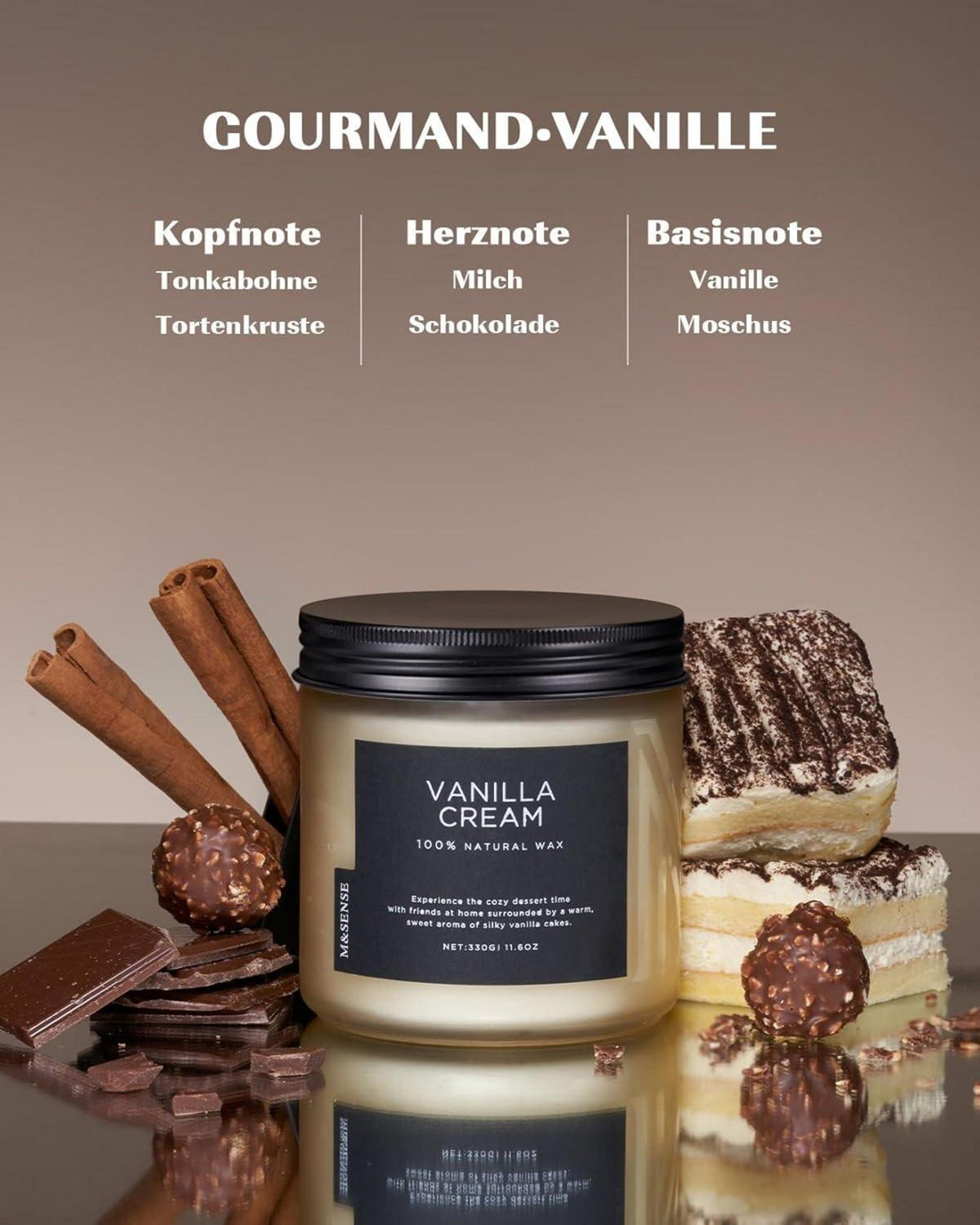 Vanille Sahne Duftkerzen im Glas 2 Dochte 330g 70 Stunden