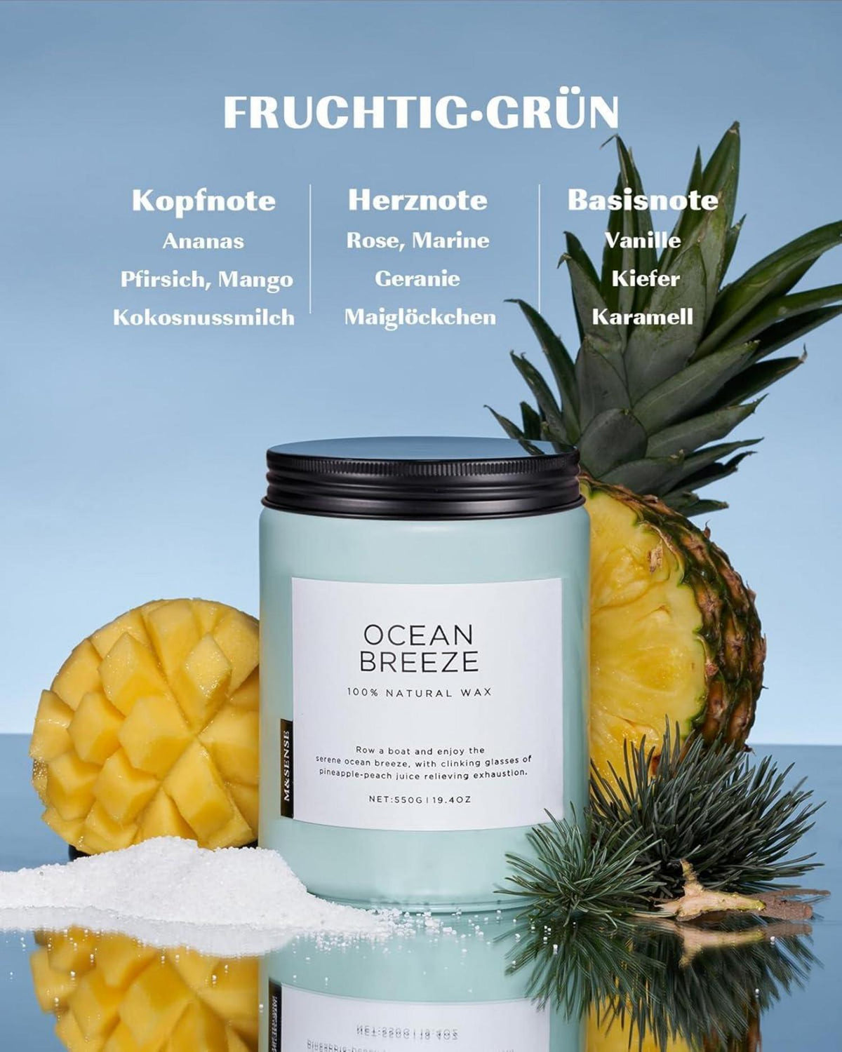 Meeresbrise Duftkerze im Glas 550g 110 Stunden Brenndauer