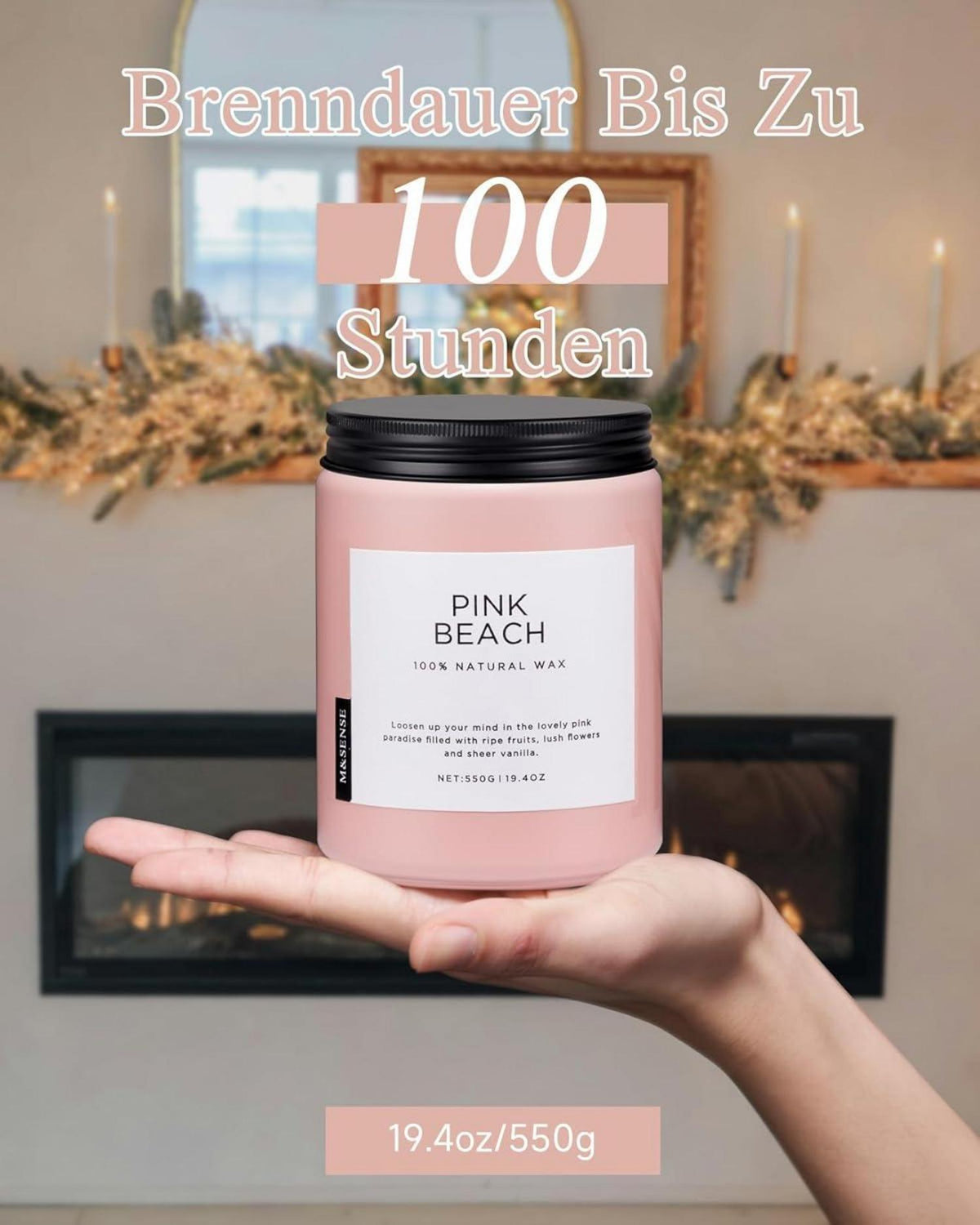 Rosa Strand Kokosnuss Duftkerzen im Glas groß - 110h Brenndauer