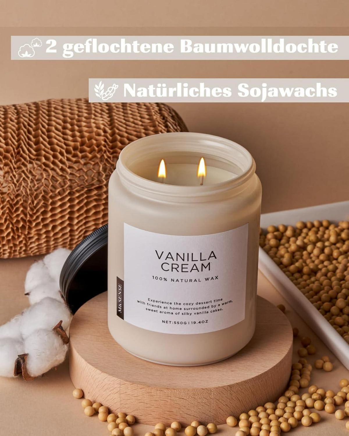 Vanille Soja-Kerze 550g 2 Wick Jar 110h Brenndauer Bio-Soja-Wachs
