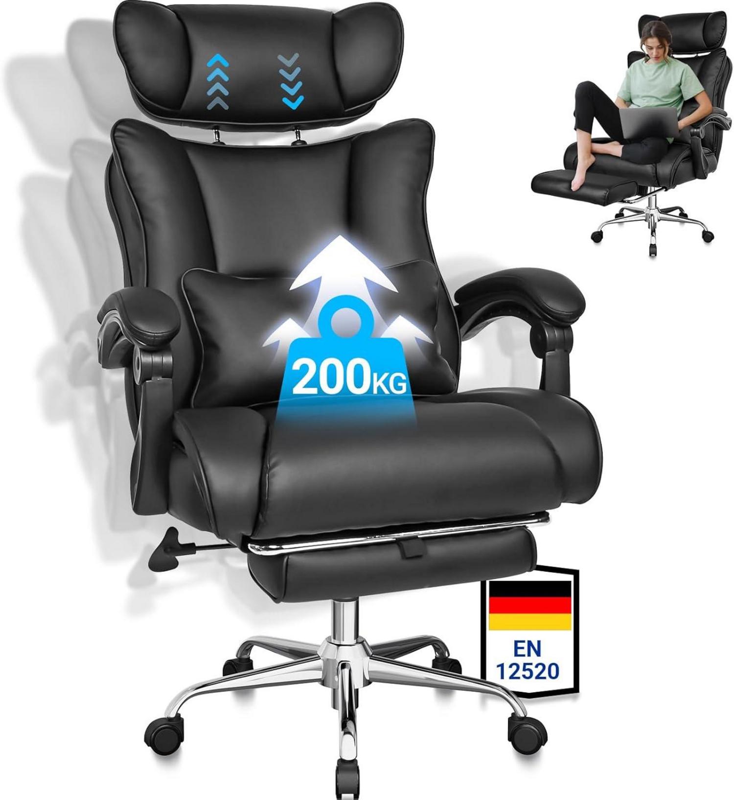 Ergonomischer Bürostuhl bis 200kg mit breiter PU-Leder Sitzfläche