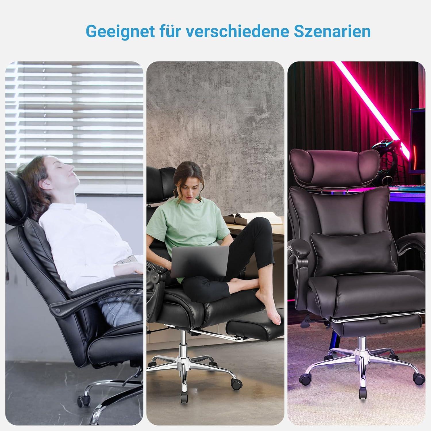 BASETBL Bürostuhl Chefsessel bis 200kg PU-Leder Rückenlehne Fußstütze
