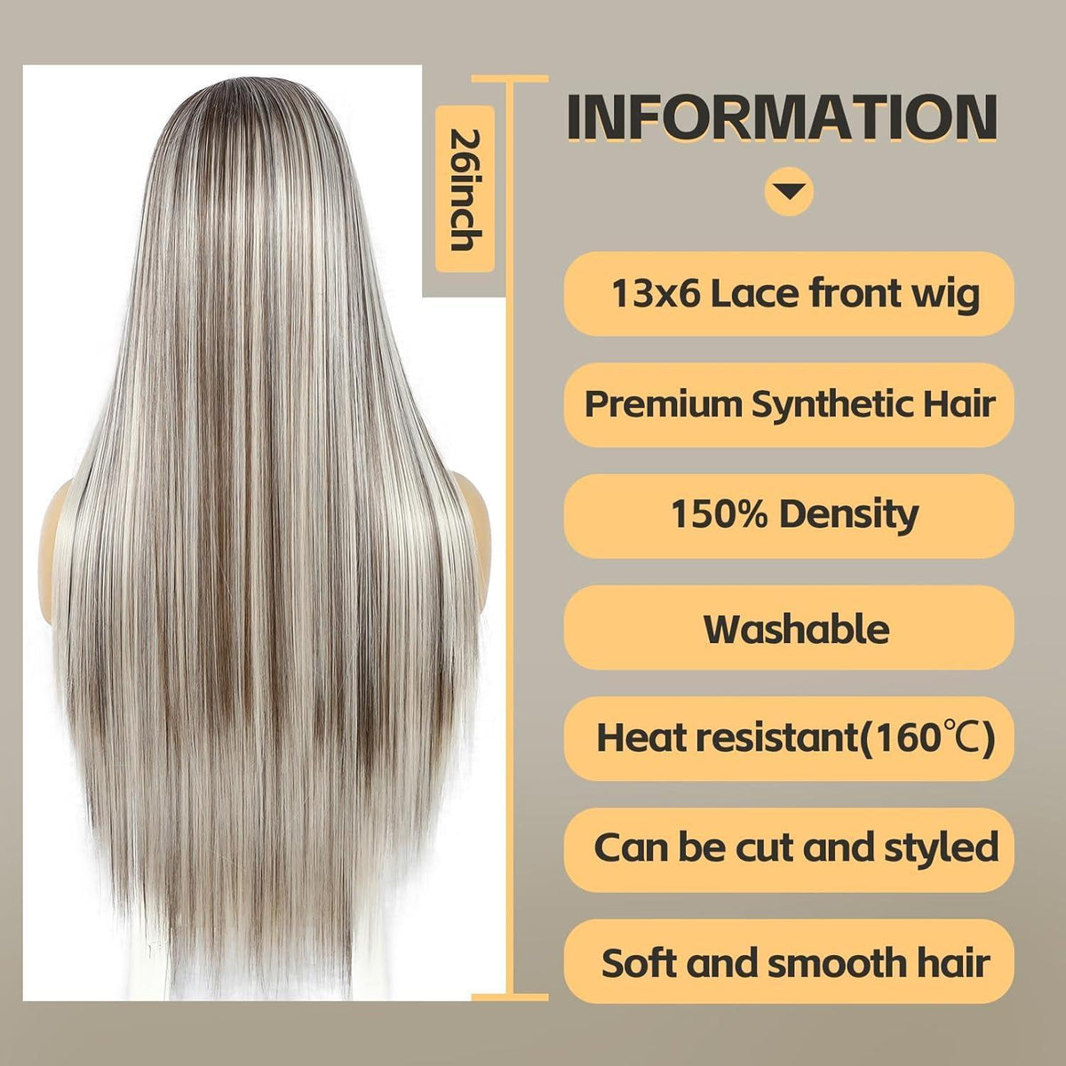 Lange Gerade Perücke 26 Zoll, Eschenweiß Lace Front Perücke