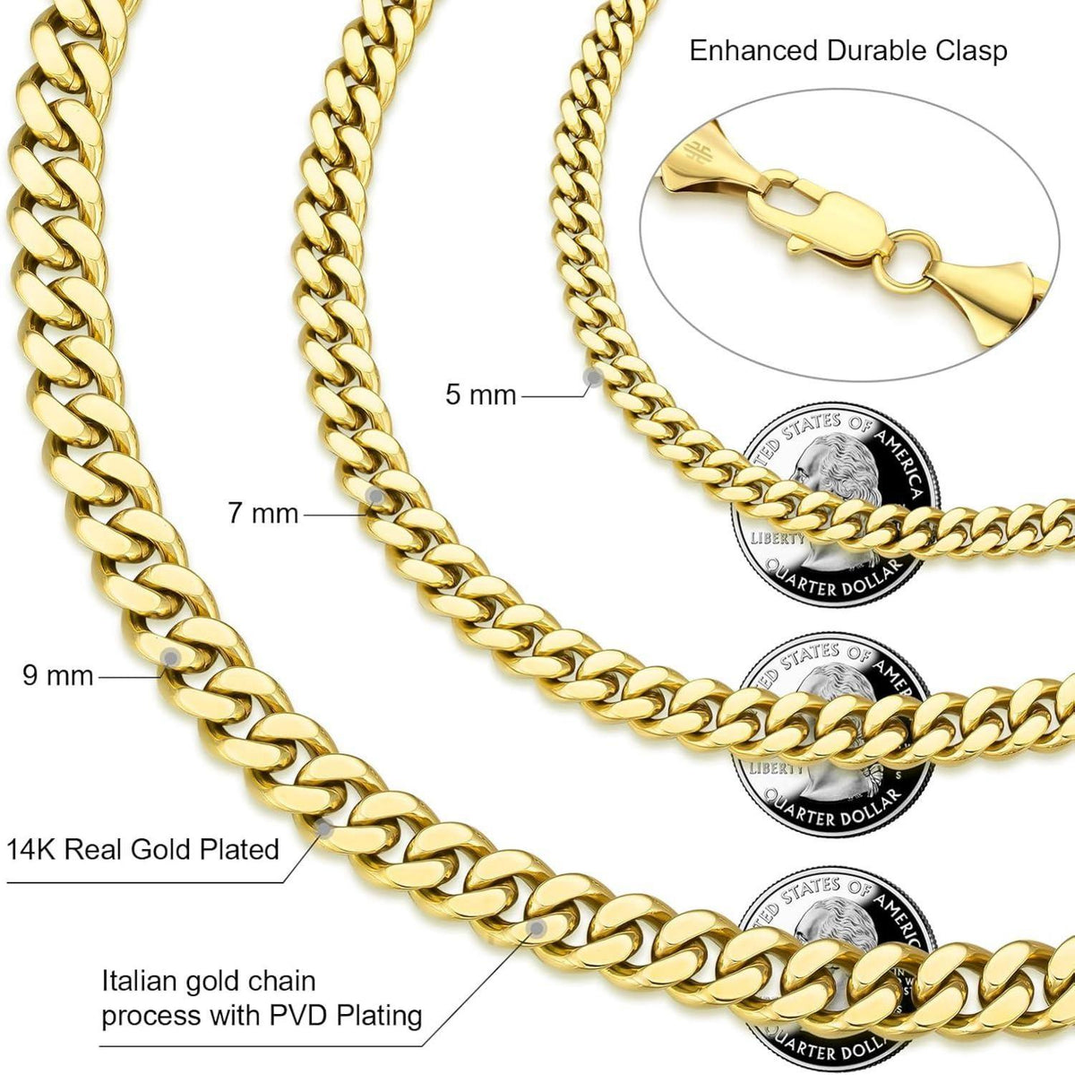 KRKC&CO Herren Halskette Edelstahl 14K Cuban Chain Goldkette 7mm 61.0cm