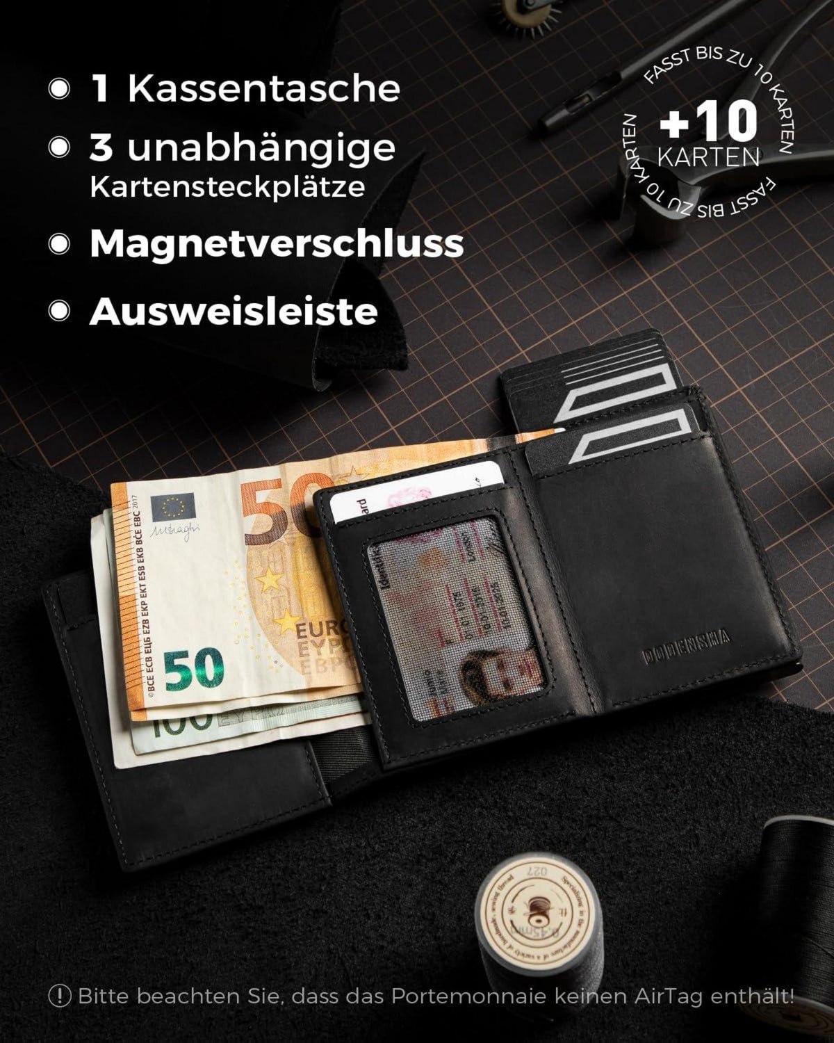 Airtag Wallet Herren RFID Kartenetui Smart Wallet Münzfach Schwarz