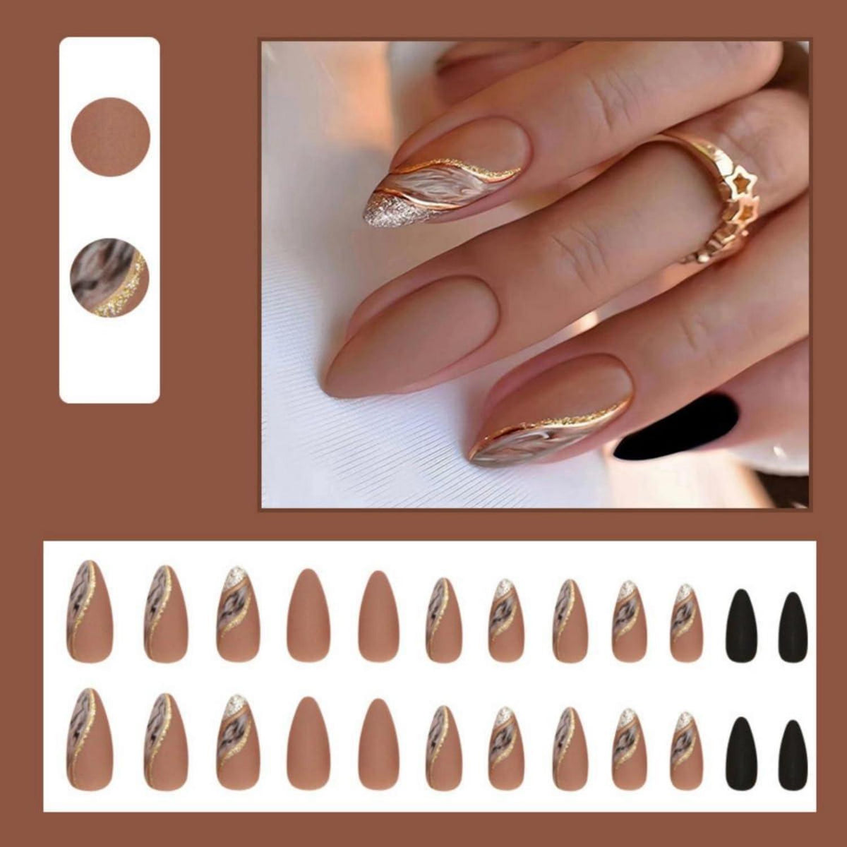 Goldene Mandel Press On Nails – Kurz & Motiv, Braun Schwarz
