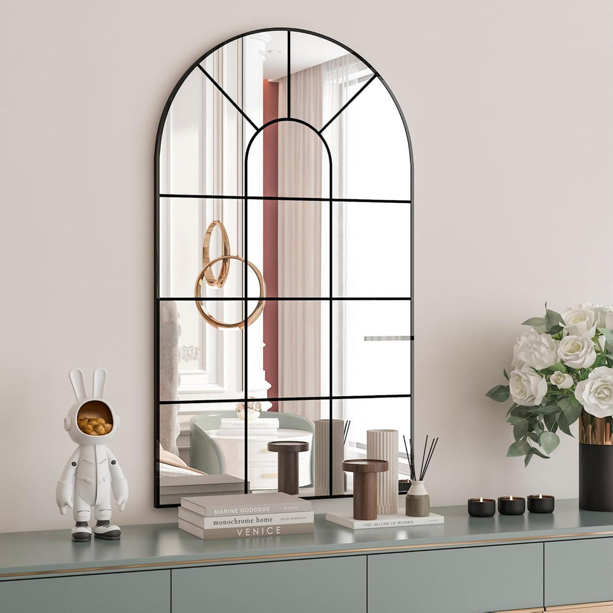 Bogenfenster-Spiegel Schwarz 80x50cm – Rustikale Wanddekoration