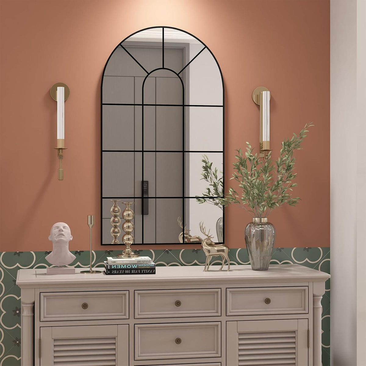Bogenfenster-Spiegel Schwarz 80x50cm – Rustikale Wanddekoration