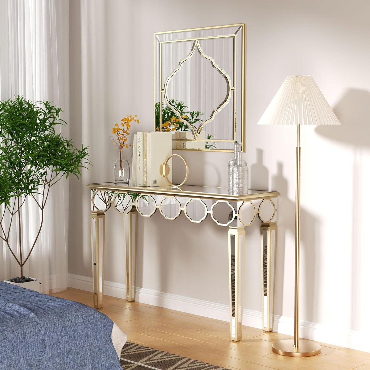 Hochwertiger Goldener Konsolentisch 120 cm Moderne Luxus Spiegelglas Design