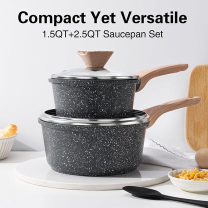 Kasserollen Set 1,5L 2,5L Antihaft Granit Stielkasserolle Induktion