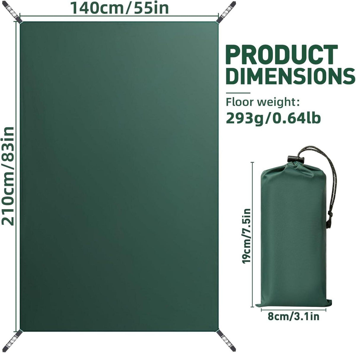 Zeltplane wasserdicht Ultraleicht Camping Tarp 140x210cm Dunkelgrün