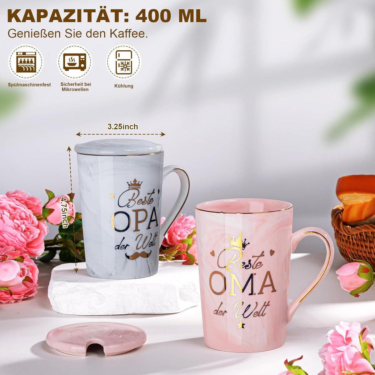 Geschenkset Oma & Opa – Tassen "Beste Oma Opa" mit Löffel & Karte