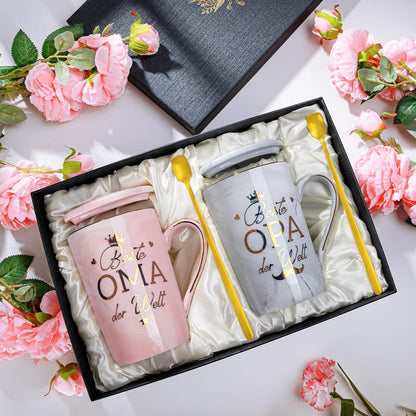 Geschenkset Oma & Opa – Tassen "Beste Oma Opa" mit Löffel & Karte