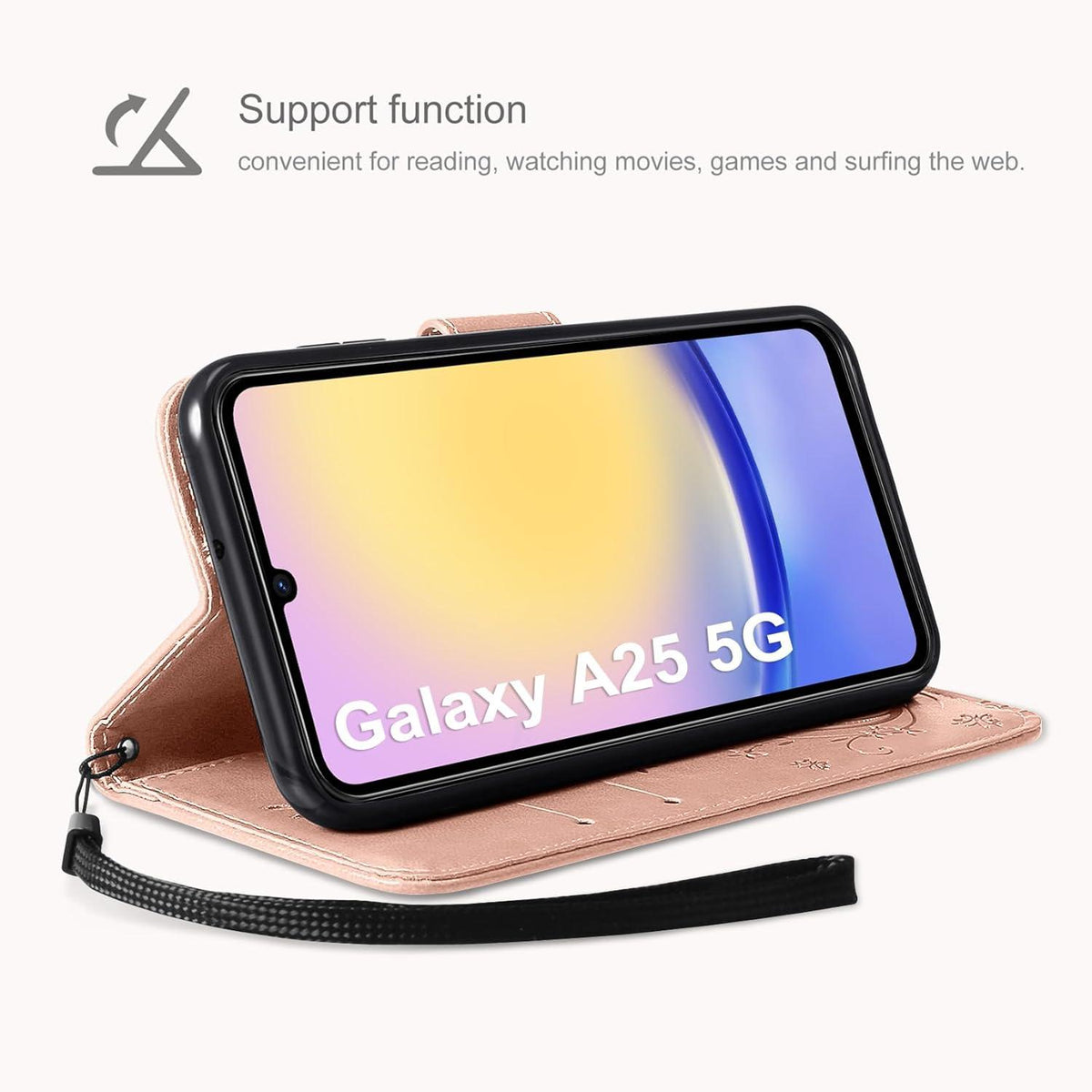Samsung Galaxy A25 5G Lederhülle mit Schutzfolie und Kartensteckplätzen Roségold
