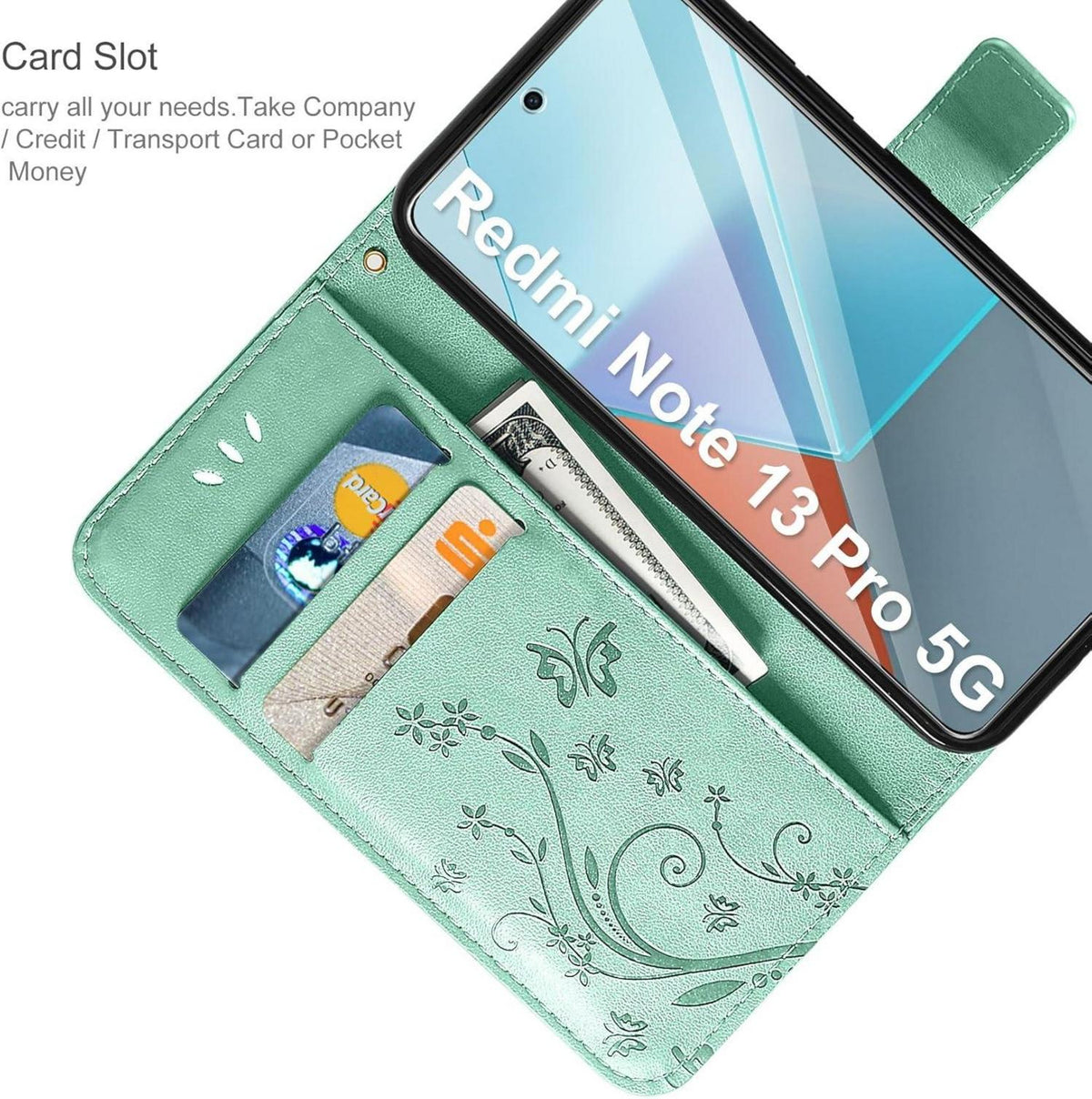 Lederhülle Xiaomi Redmi Note 13 Pro 5G Wallet Minzgrün