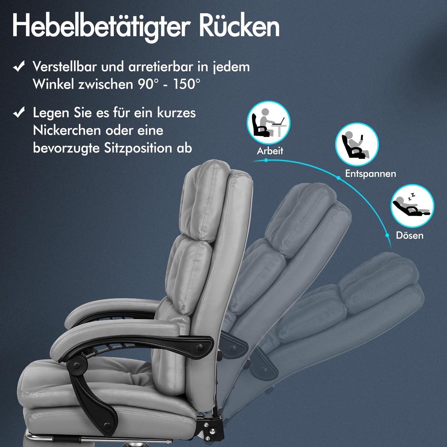 Bürostuhl mit Fußstütze, Hohe Rückenlehne, 150° Neigbar, PU-Leder, Grau