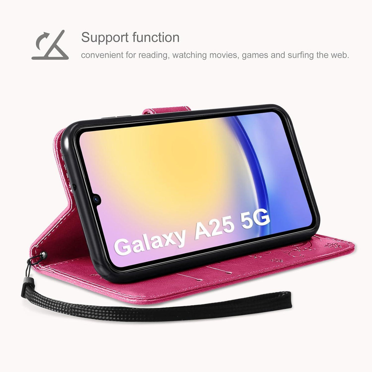 AROYI Samsung Galaxy A25 5G Leder Hülle Wallet Schutzhülle Schmetterling Blumen Rot