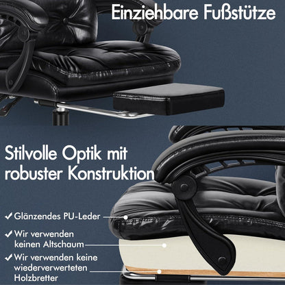 Ergonomischer Bürostuhl mit Fußstütze, Hoher Rückenlehne, Neigbarer Liege - Schwarz