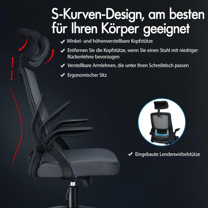Bequemer Büro-Schreibtischstuhl mit Lordosenstütze und Kopfstütze