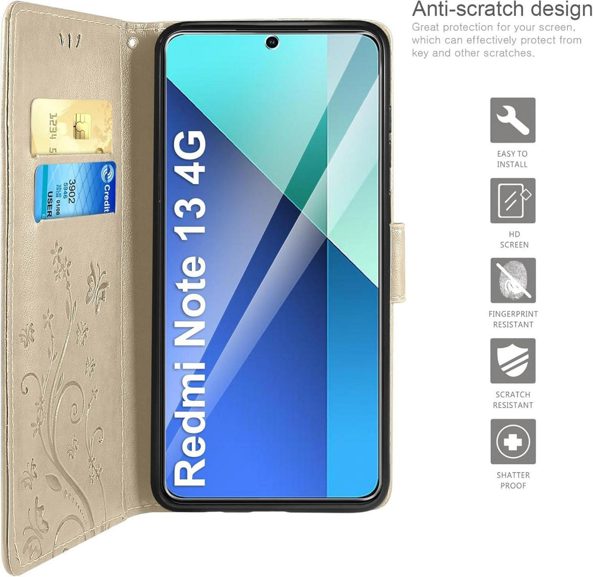 AROYI Wallet Hülle kompatibel mit Xiaomi Redmi Note 13 4G Gold