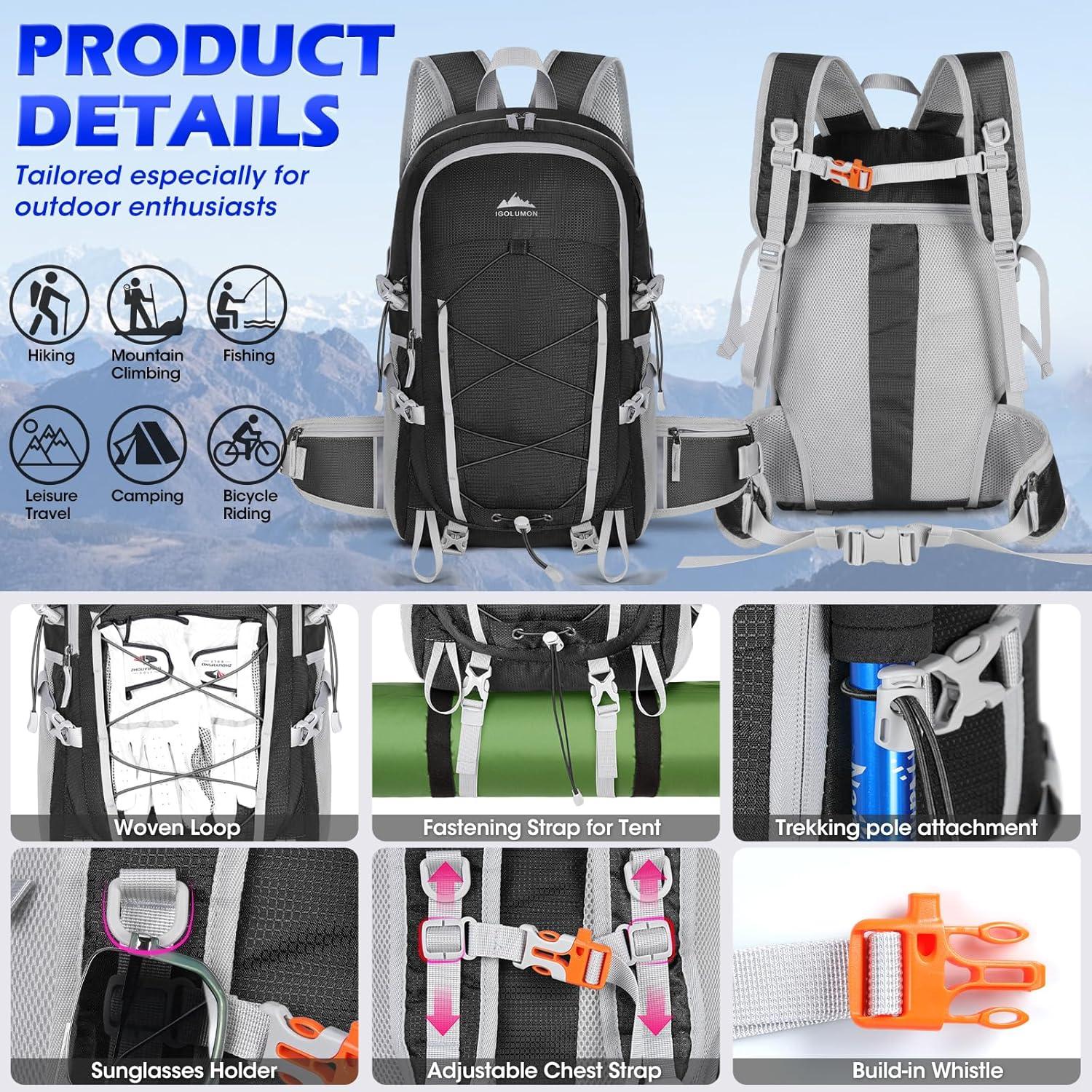Wanderrucksack 40L Wasserdicht Leicht Groß Faltbar Schwarz