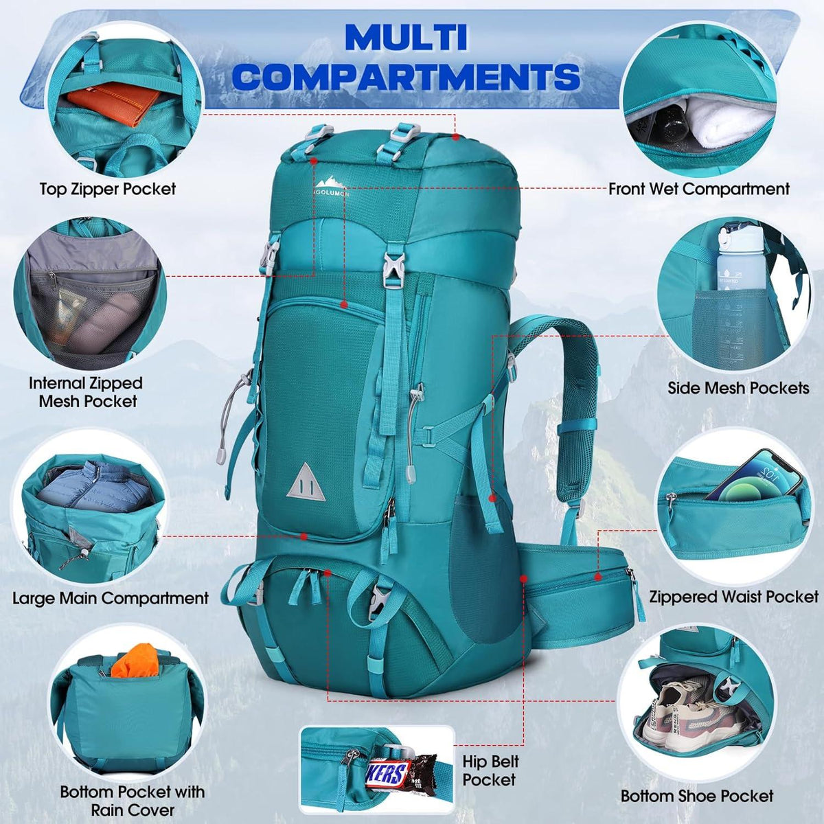 Wanderrucksack 60L Großer Outdoor Camping Rucksack mit Regenhülle