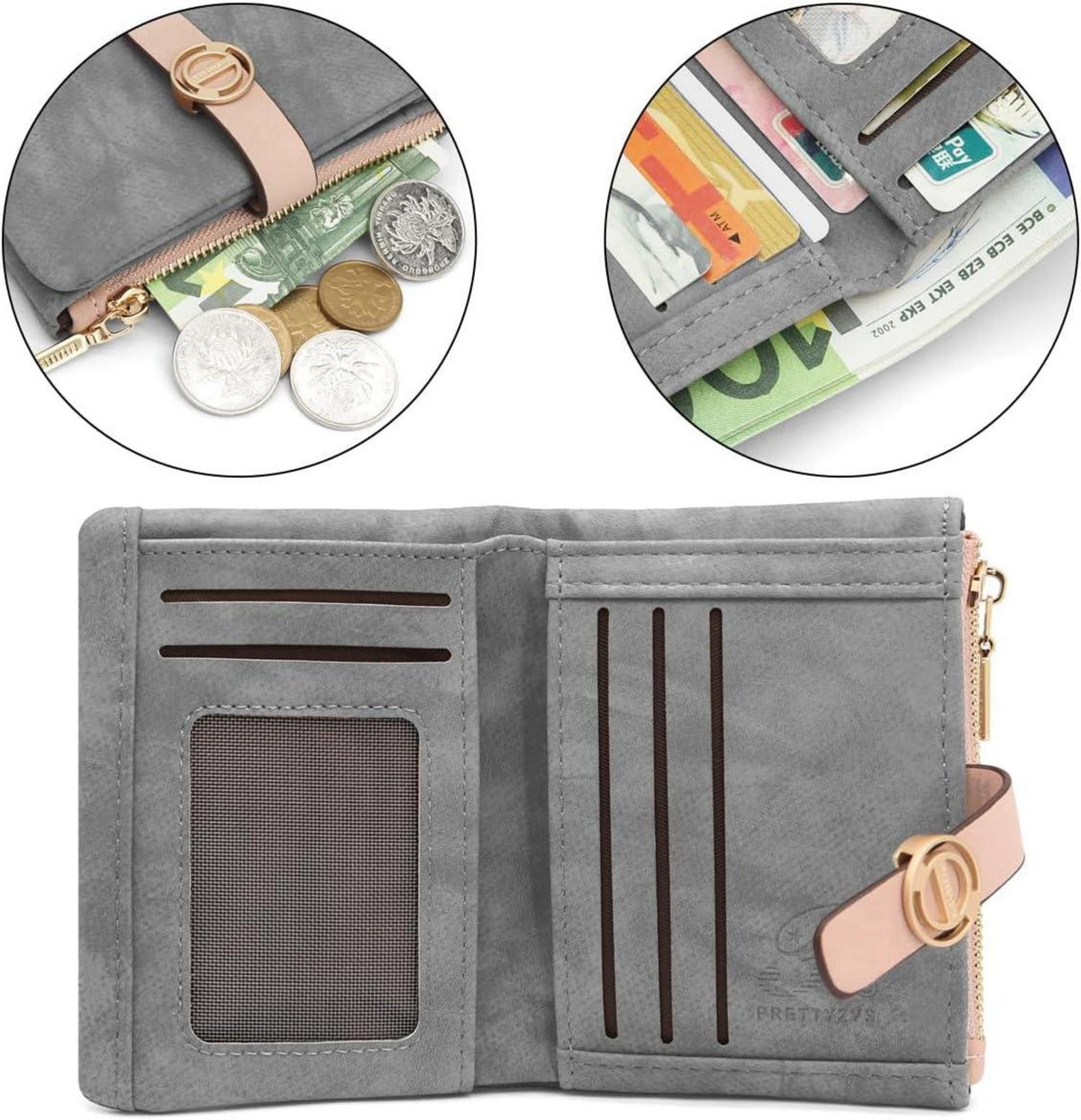 Damen Geldbörse Klein PU Leder Portemonnaie mit Zipper Münzfach