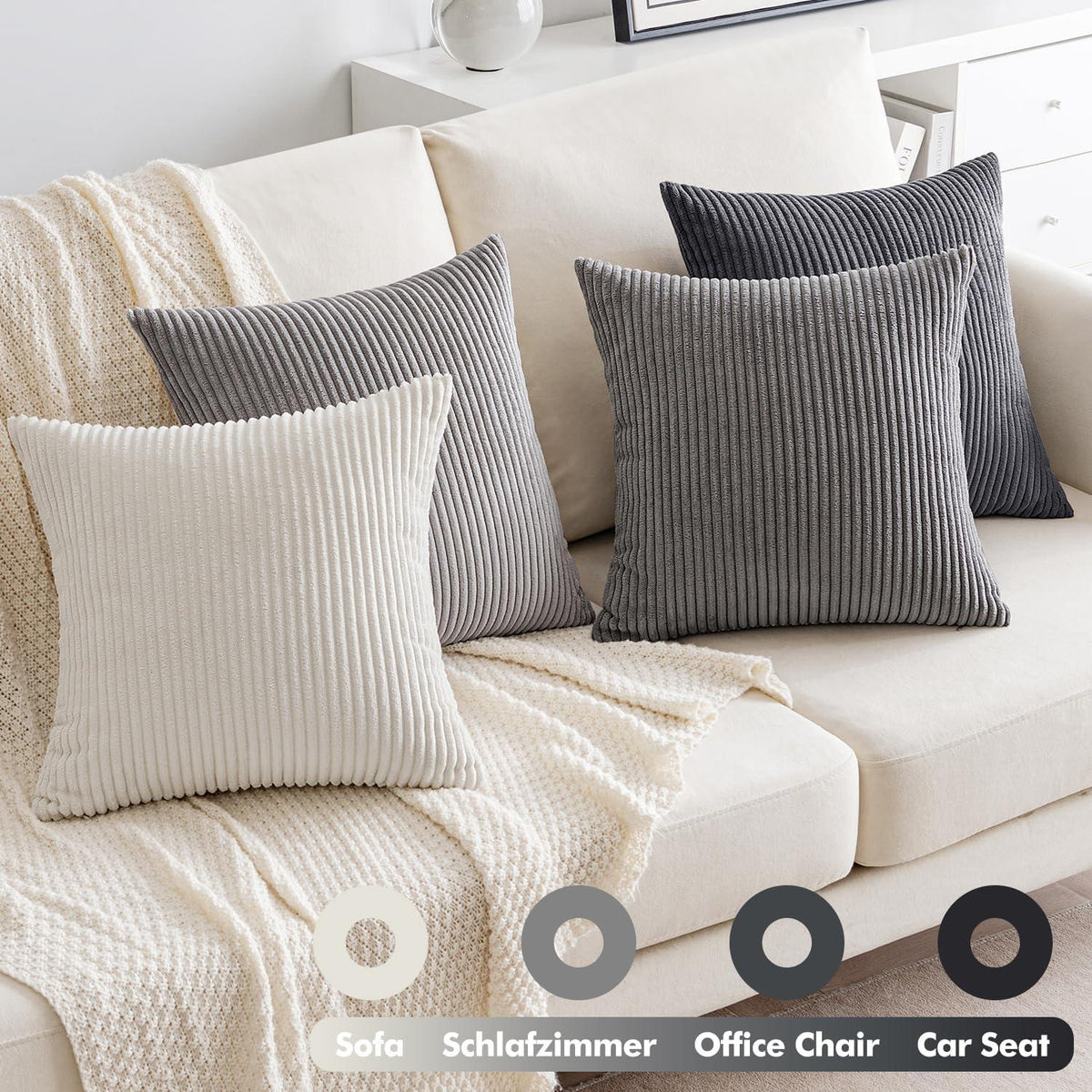 4er Set Kordsamt Kissenbezüge 50x50cm Deko Dunkelgrau Sofa