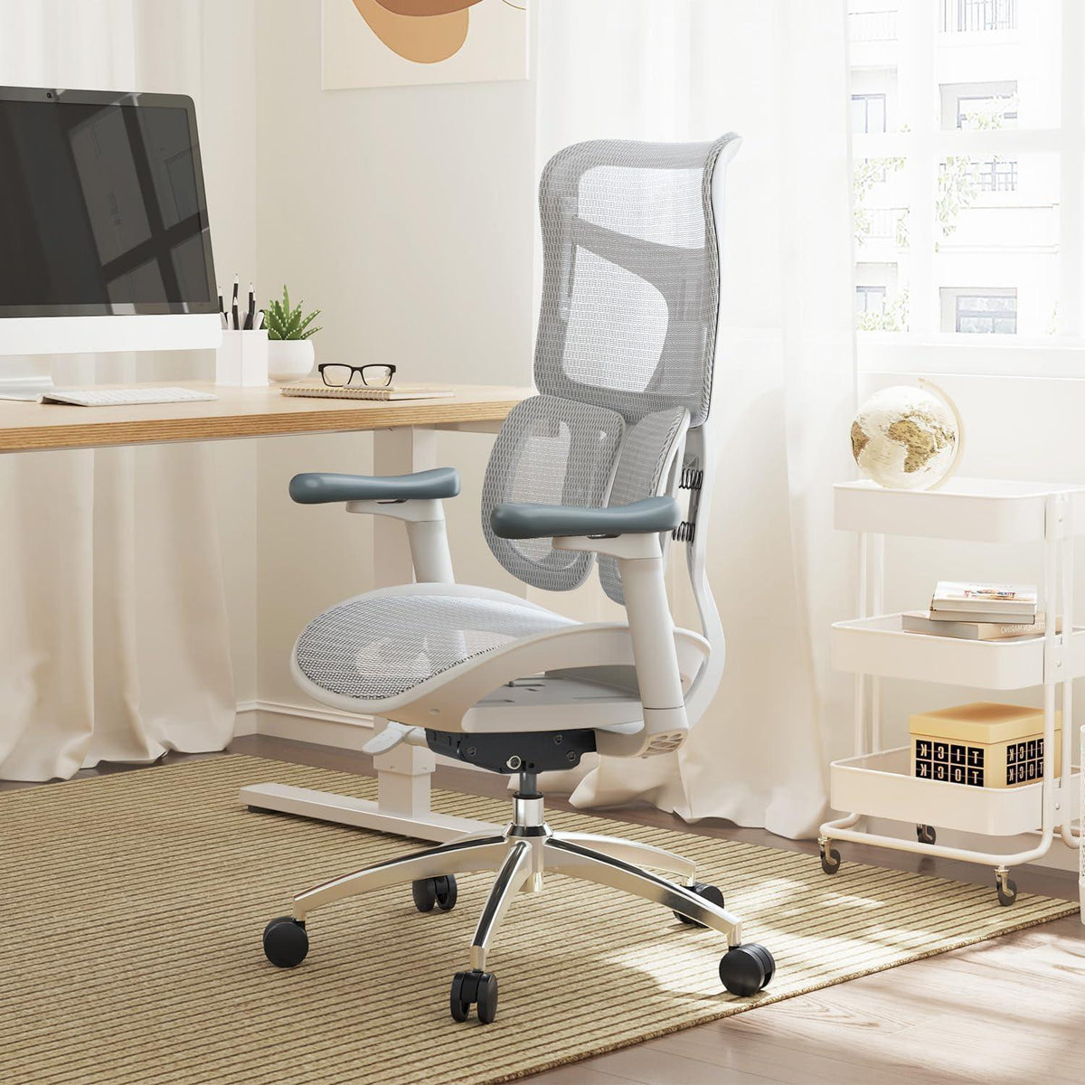 Ergonomischer Bürostuhl mit dualer Lordosenstütze und 4D-Armlehnen (Weiß)
