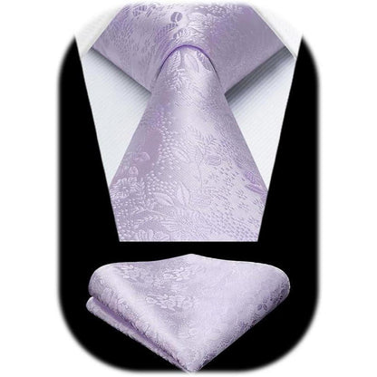 HISDERN Krawatten-Set Herren: Seide, floral, Einstecktuch, hellviolett