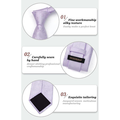 HISDERN Krawatten-Set Herren: Seide, floral, Einstecktuch, hellviolett