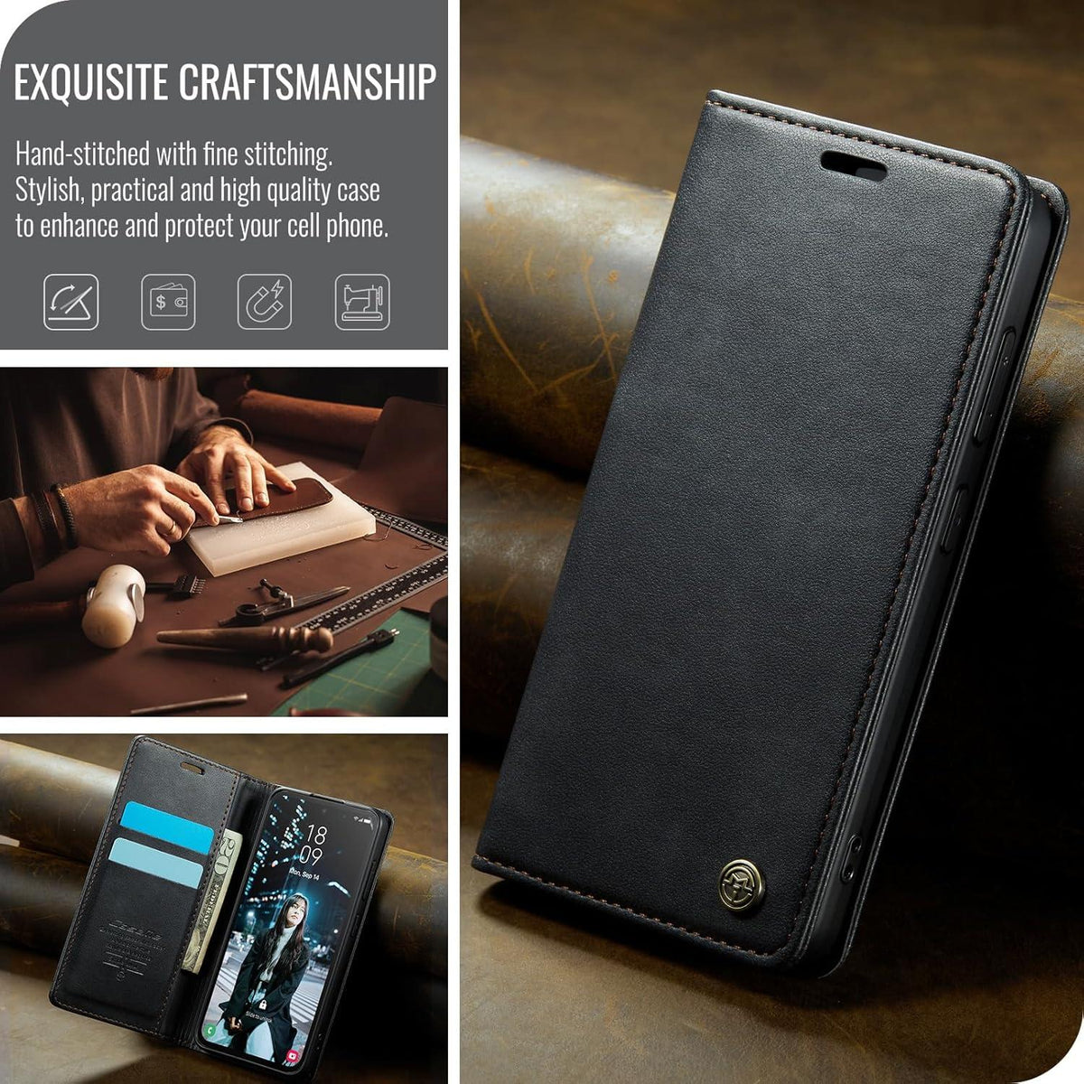 Samsung Galaxy S24 Handyhülle Schwarz Leder Flip Case Magnet Standfunktion