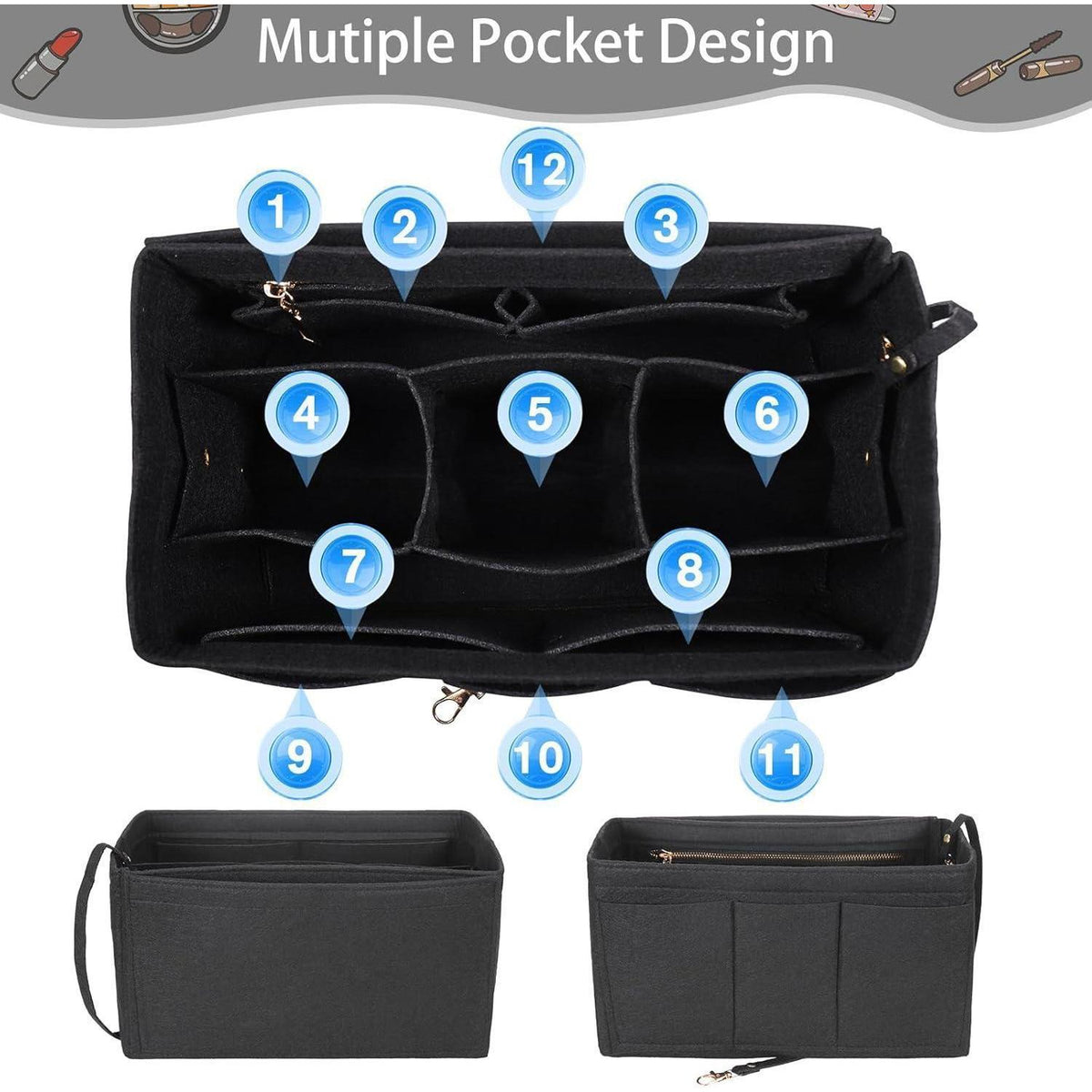 Filz Taschenorganizer M Schwarz mit vielen Fächern