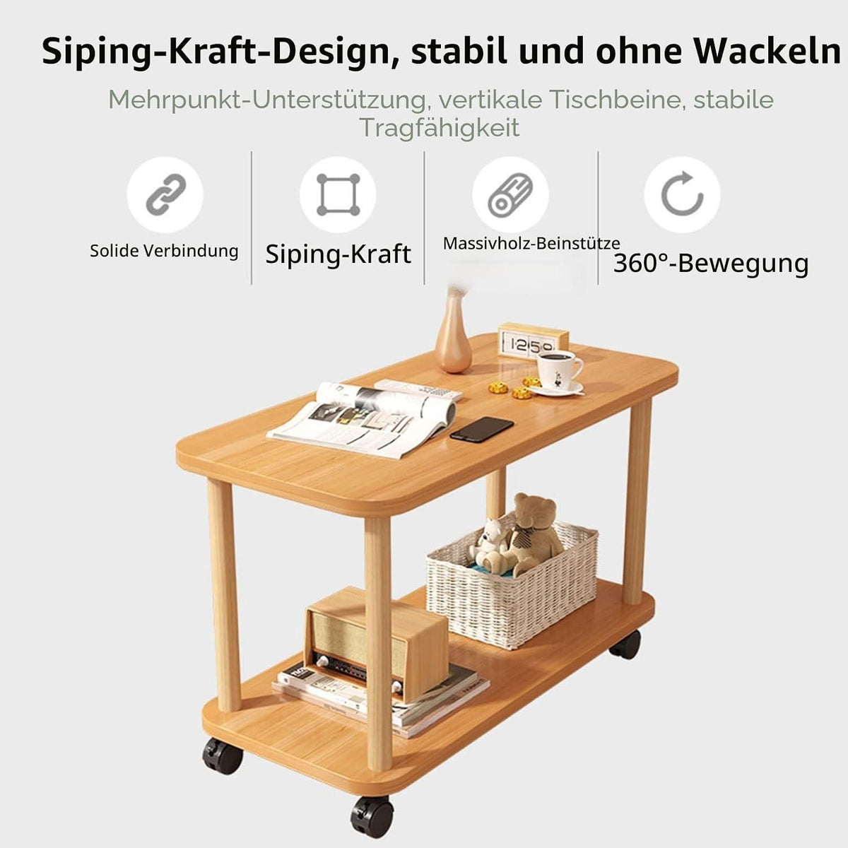 Drehbarer Beistelltisch Holz 2-Ebenen mit Rollen