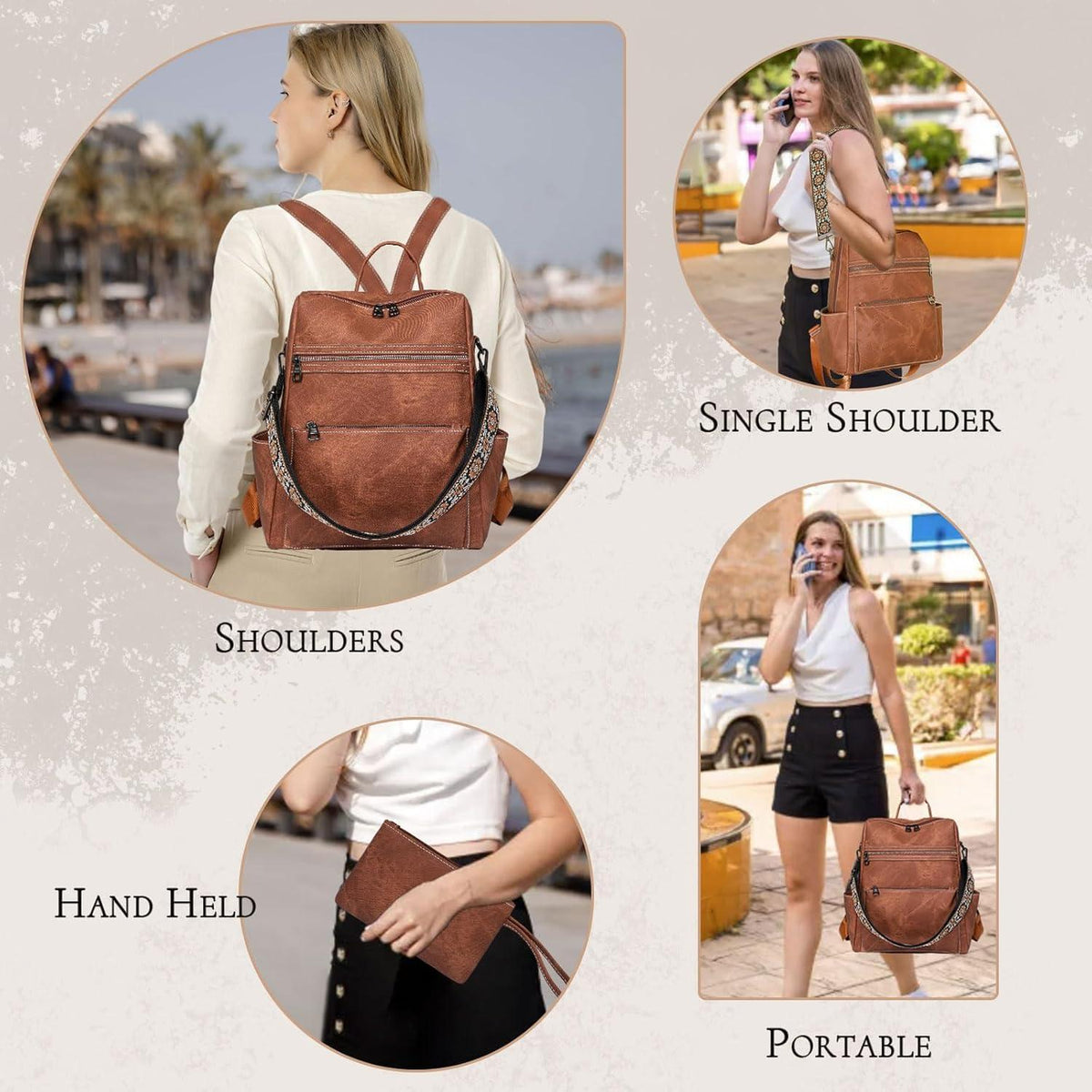 Wandelbarer Damen Rucksack mit Diebstahlschutz, wasserdicht, Braun