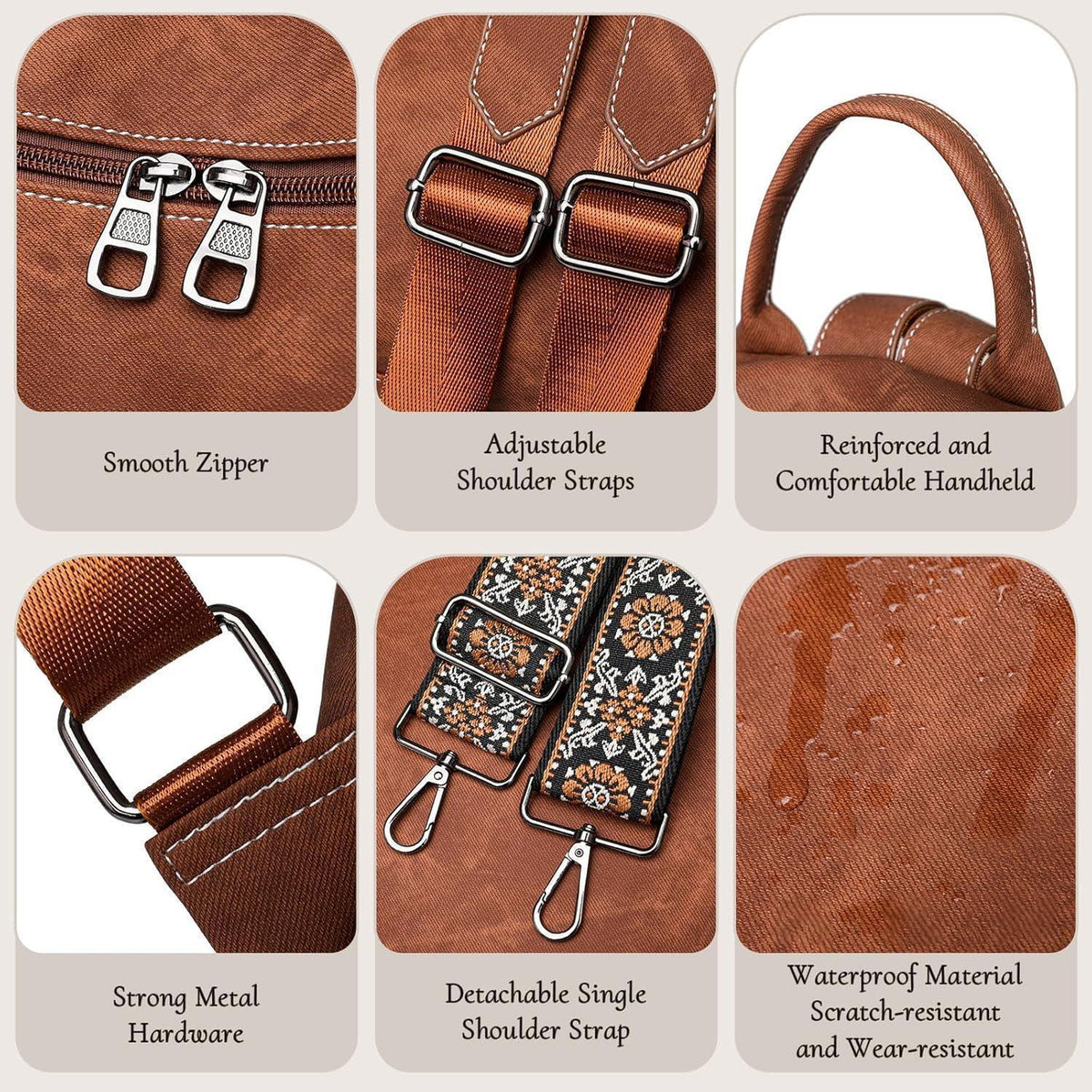 Wandelbarer Damen Rucksack mit Diebstahlschutz, wasserdicht, Braun