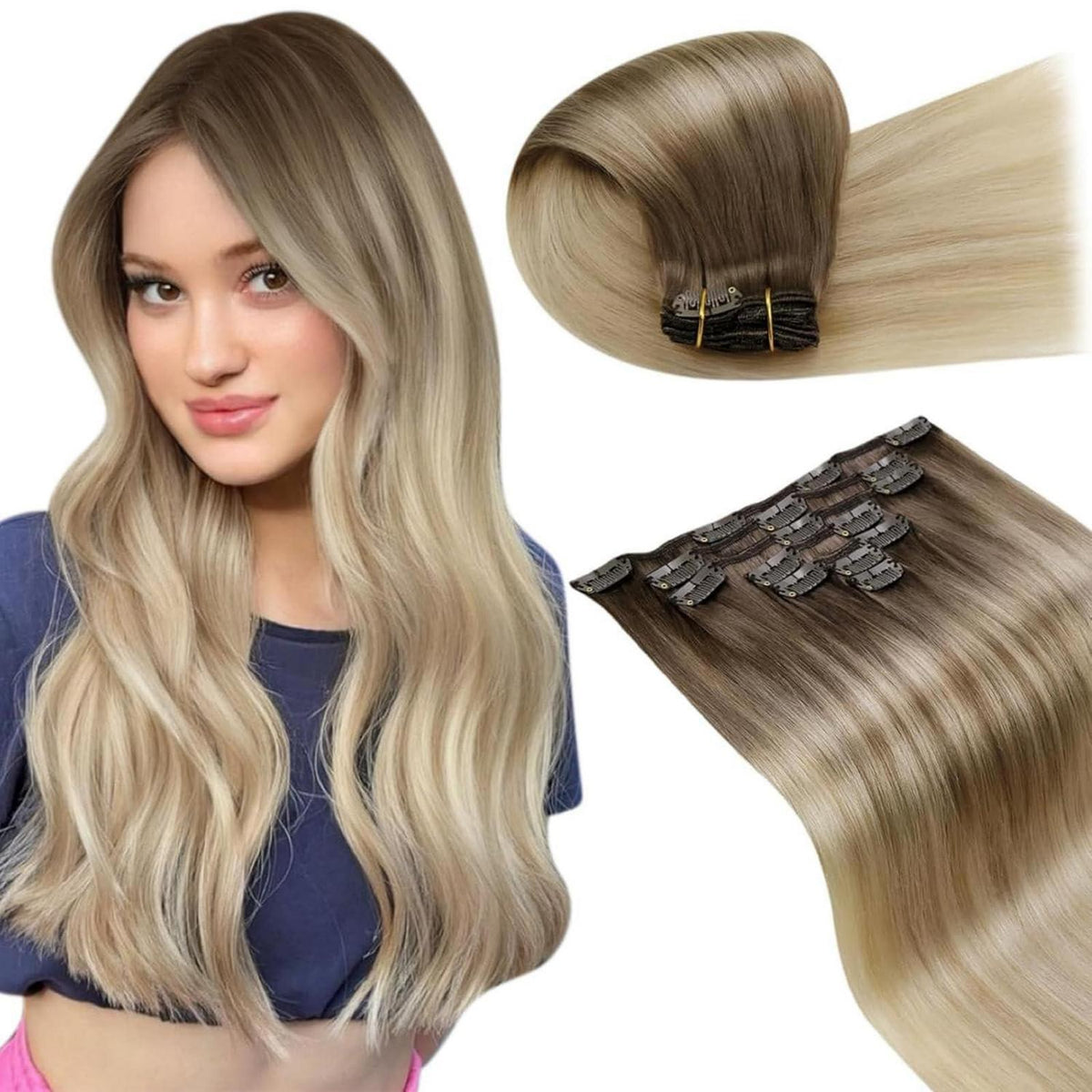 Clip-in Echthaar Extensions Ombre Blond bis Hellbraun 50cm