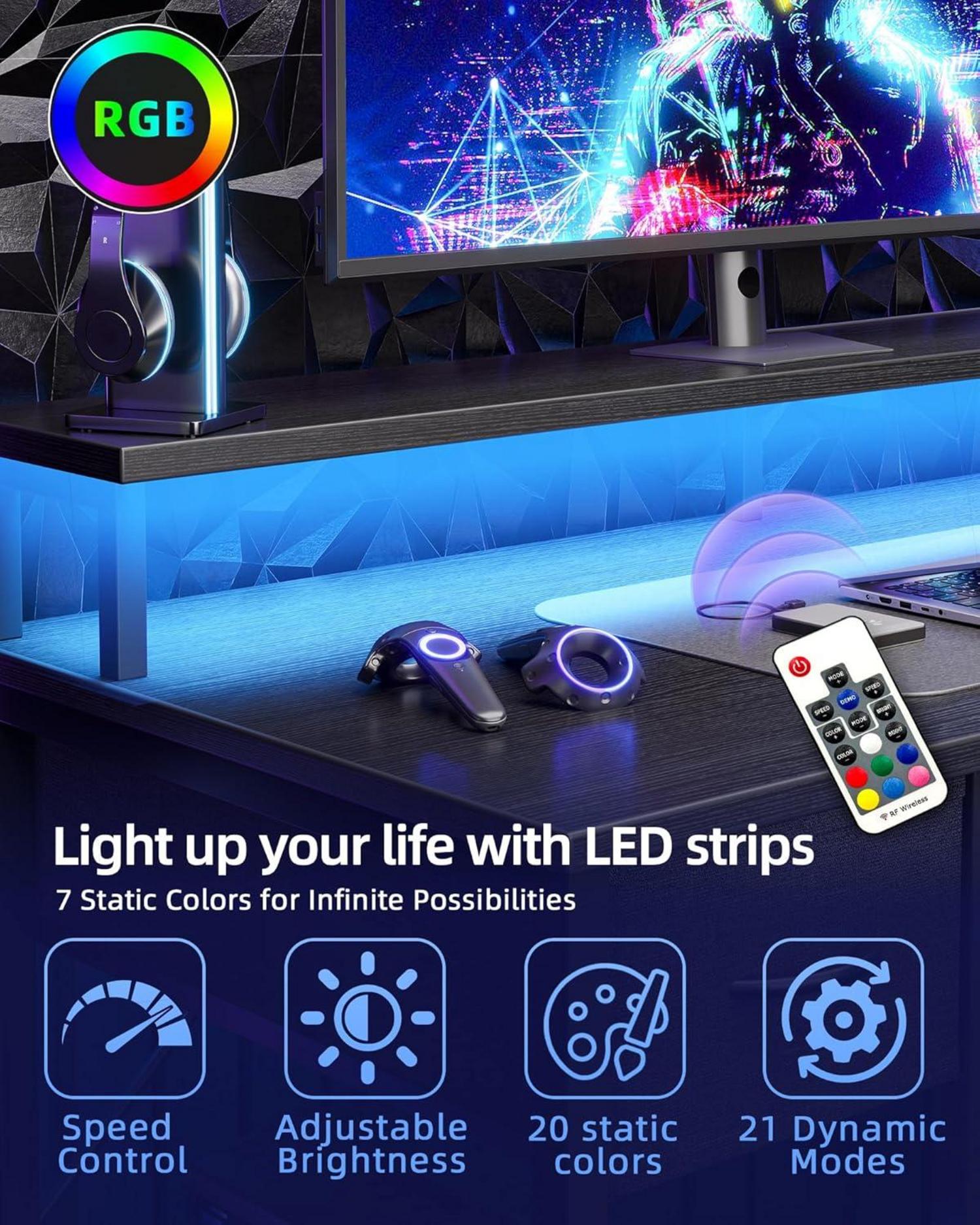 Gaming Schreibtisch LED Steckdosen 120x50cm Tastaturablage Umkehrbare
