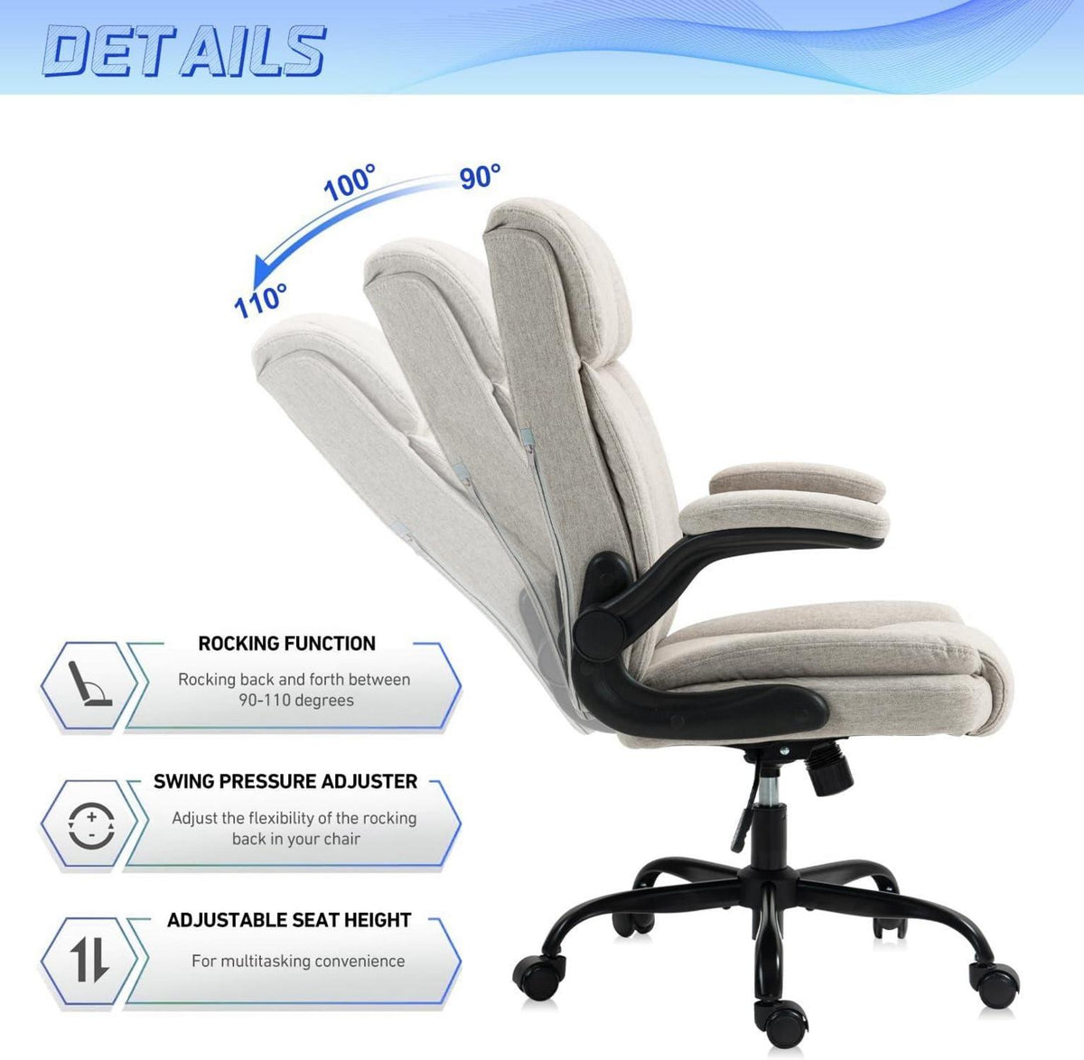 Ergonomischer Bürostuhl Beige 150KG Belastbarkeit Stoff Armlehnen