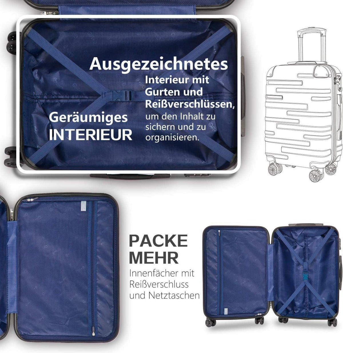 COOLIFE Hartschalen-Koffer Rollkoffer ABS TSA-Schloss 4 Rollen Türkisgrün 2tlg(Set S