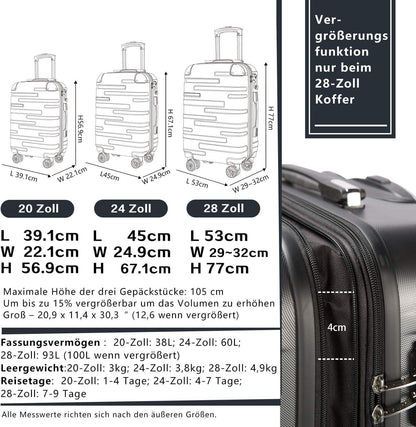 COOLIFE Hartschalen-Koffer Set-2tlg Rollkoffer ABS Material 4 Rollen Spinell Rot