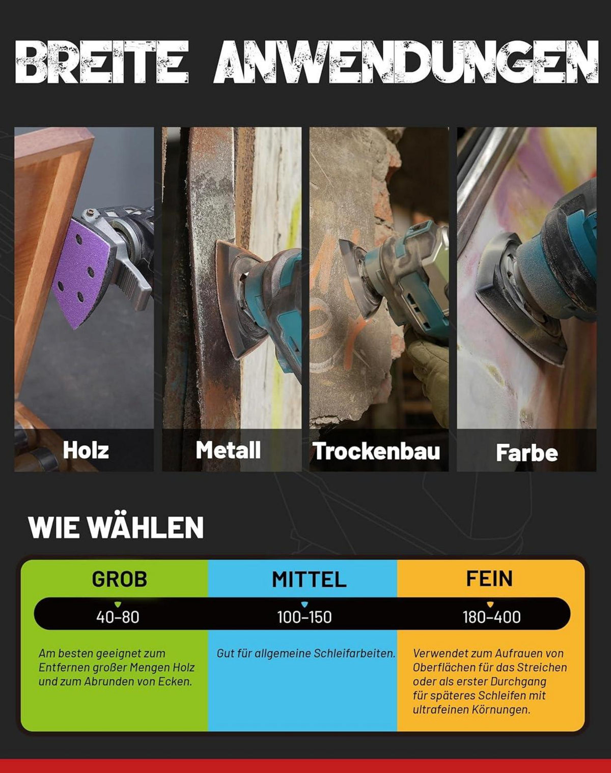 Deltaschleifer Schleifpapier 60 Stück 60-320 Körnung 95x95x95mm EZARC
