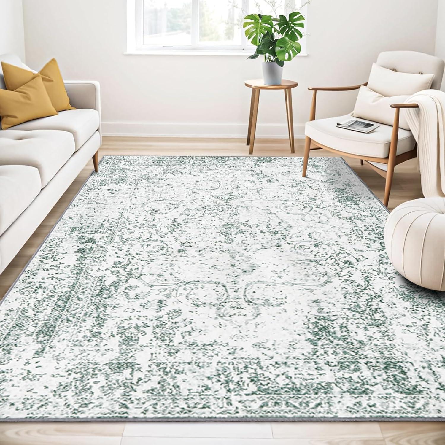 Vintage Teppich Boho Kurzflor Grau Grünlich 160x230cm Washable Rug