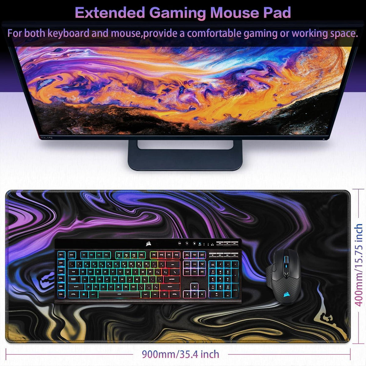 Abetcabe XXL Gaming Mauspad 900x400mm lila-blau Fluid Art