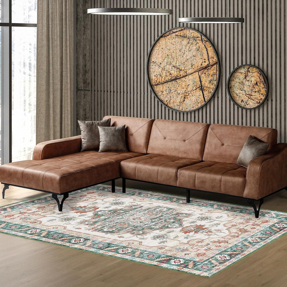 Vintage Kurzflor Teppich Grün 300x400 cm - Waschbar & Rutschfest