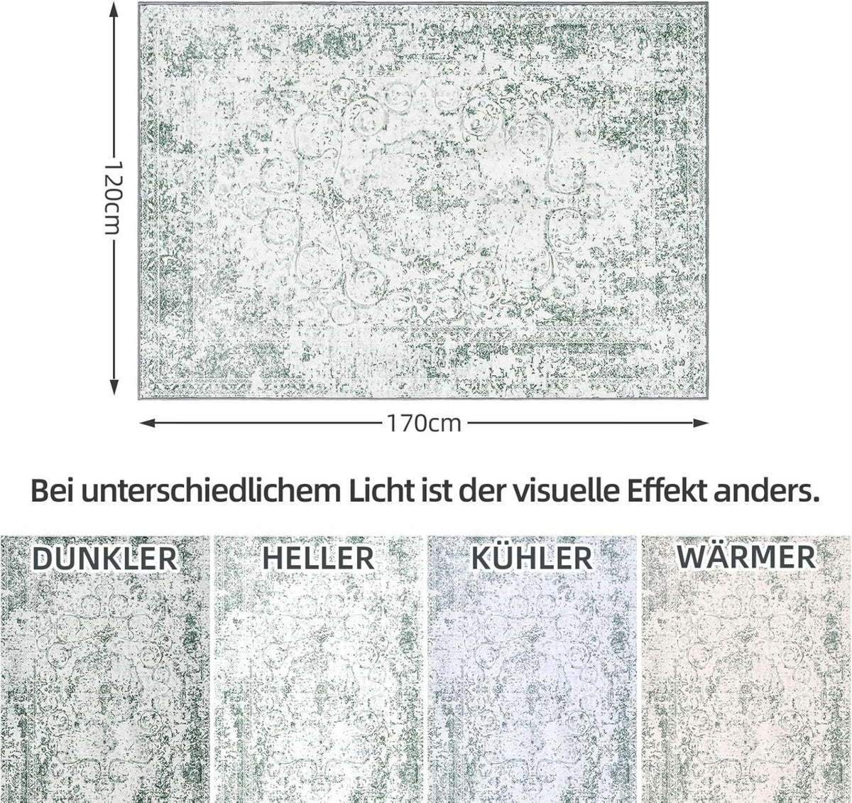 Vintage Teppich Boho Kurzflor 80x150 cm Grau Grünlich