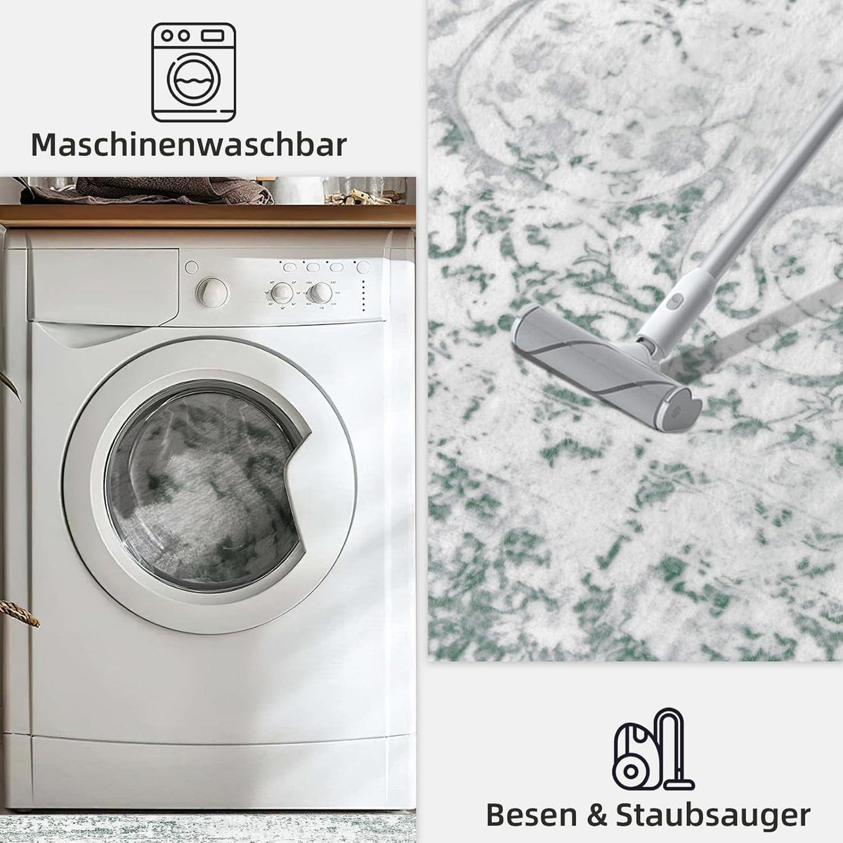 Vintage Teppich Wohnzimmer Schlafzimmer Grau Grünlich Kurzflor Teppich