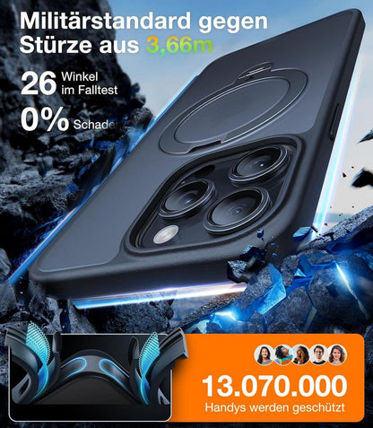 TORRAS iPhone 15 Pro Hülle Schwarz 360° Ostand Spin Militärschutz